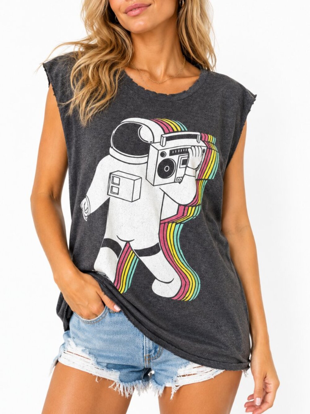 ILUSTRATA Funkalicious Boombox Retro Astronaut Sleeveless Grey Crew Neck T-shirt